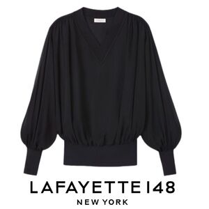 LAFAYETTE 148 | Ives Blouse Silk Georgette Black V Neck Sheer Pullover Top